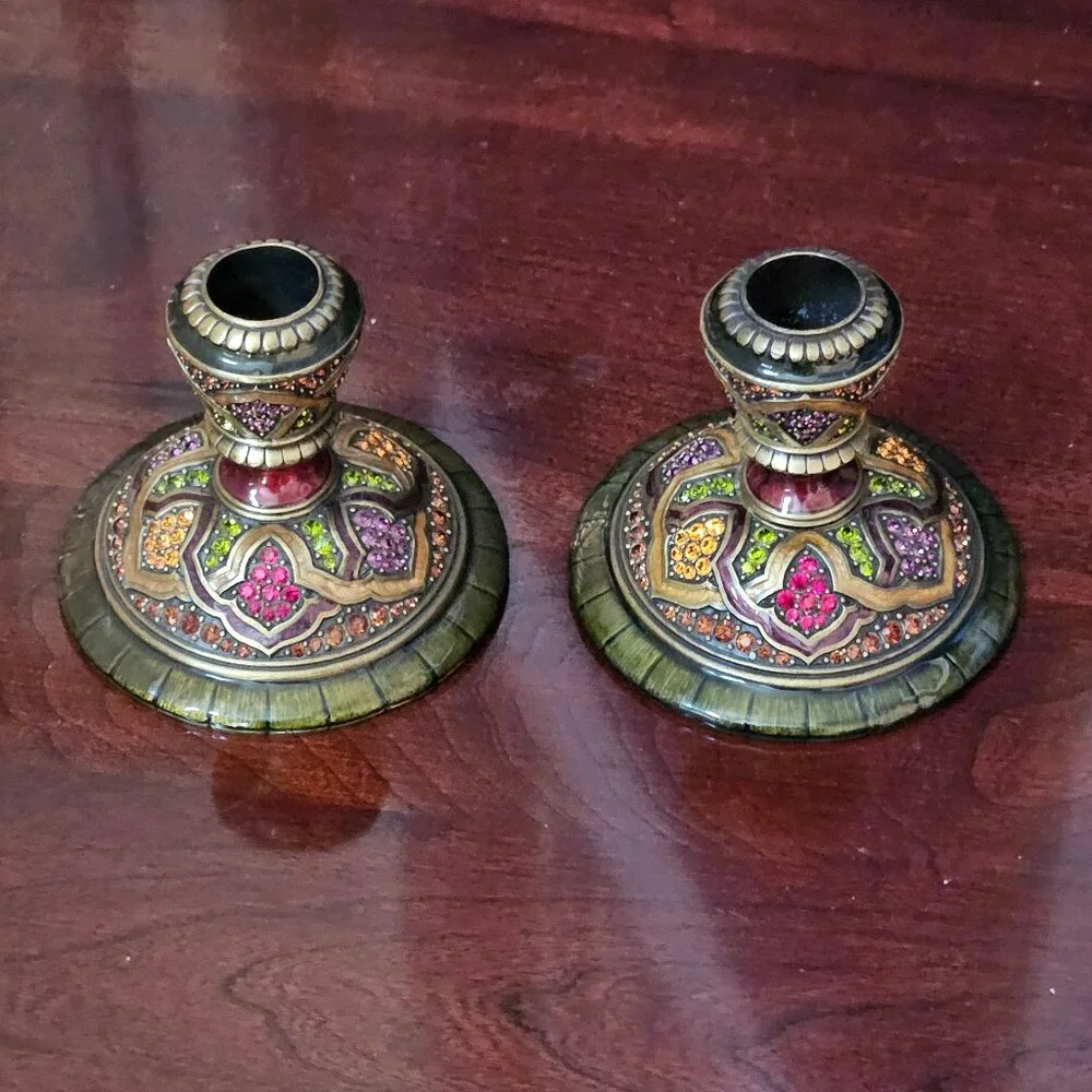 RARE RETIRED 2 JAY STRONGWATER ORNATE ENAMEL CRYSTAL TAPER CANDLE STICK HOLDER